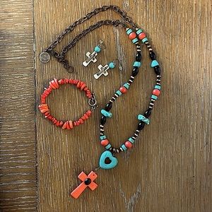 (3) Piece Set Western Coral and Turquoise Cross Necklace, Earrings and Bracelet